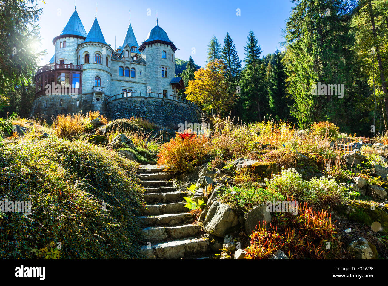 Bellissimo il Castello Savoia,Valle d'aosta,l'Italia. Foto Stock