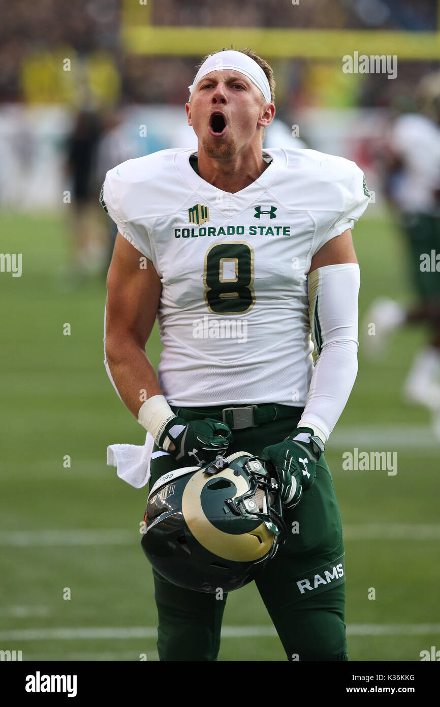 01 settembre 2017: Colorado è stato Jake Schlager incendi fino alla folla prima di Rocky Mountain Showdown a Denver contro Coloradoo. Foto Stock