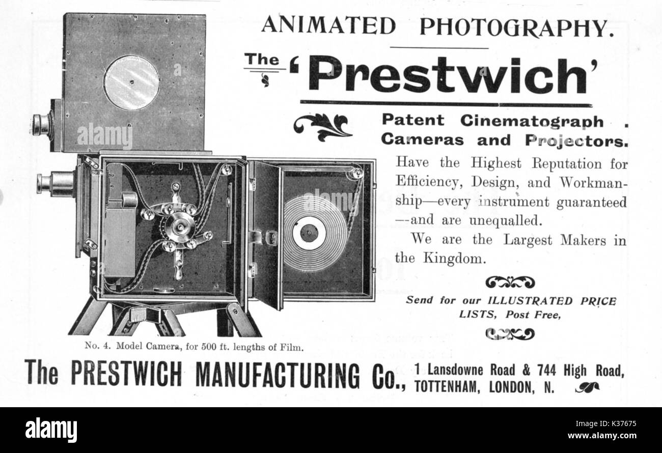 UNA PUBBLICITÀ DEL 1901 PER LA TELECAMERA PRESTWICH NUMBER 4 USATA DALLA MITCHELL AND KENYON COMPANY DI BLACKBURN Foto Stock