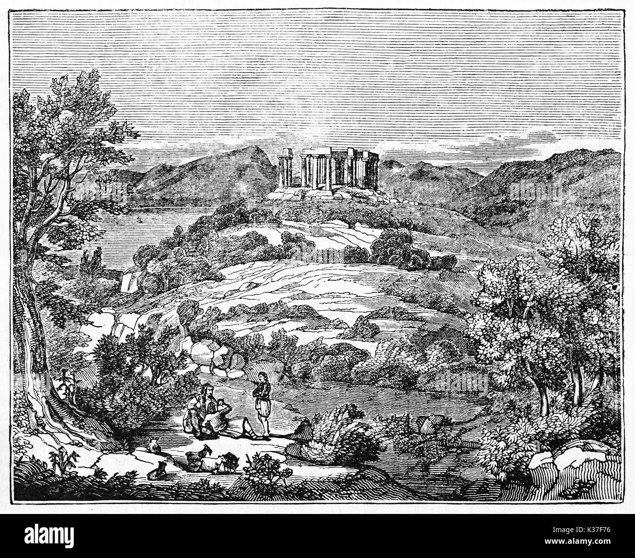 Vista panoramica delle rovine di un tempio greco su una collina circondata da vegetazione mediterranea,Tempio di Aphaea, Grecia. Vecchia illustrazione di autore non identificato pubblicato il Magasin pittoresco Parigi 1834 Foto Stock