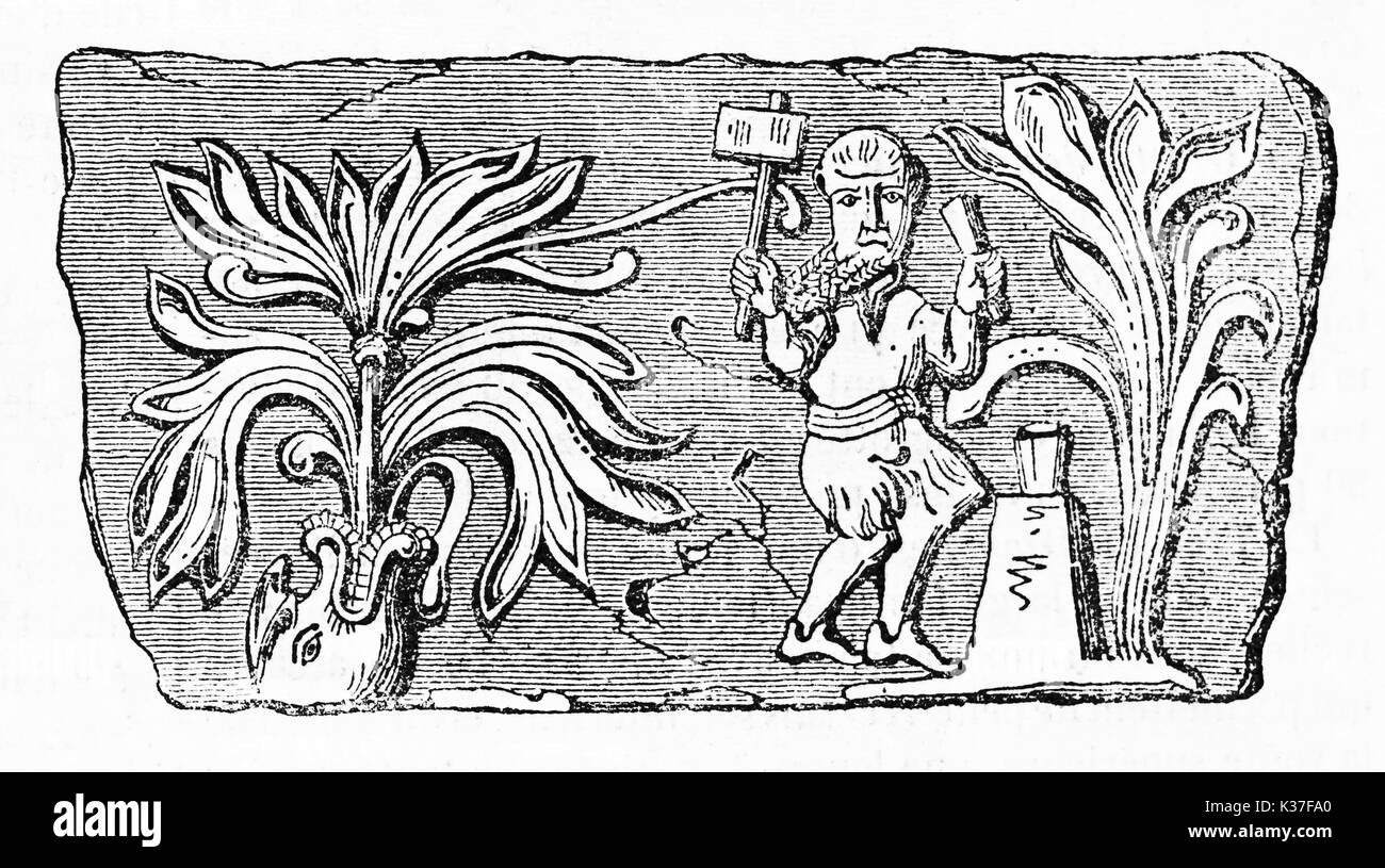 Iconici medievale illustrazione di un coiner lavora con il suo martello tra due impianti di piatto. Antico stile piatto illustrazione di autore non identificato pubblicato il Magasin pittoresco Parigi 1834 Foto Stock