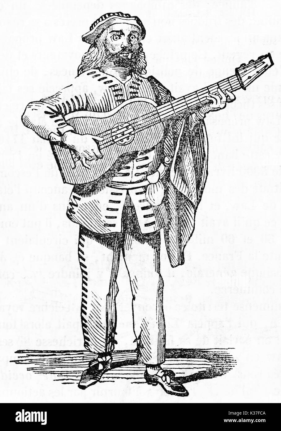 Brighella antica fumetto personaggio mascherato da italiano della Commedia dell'arte di suonare una chitarra sul palco. Vecchia illustrazione di autore non identificato publ. su Magasin pittoresco Parigi 1834 Foto Stock