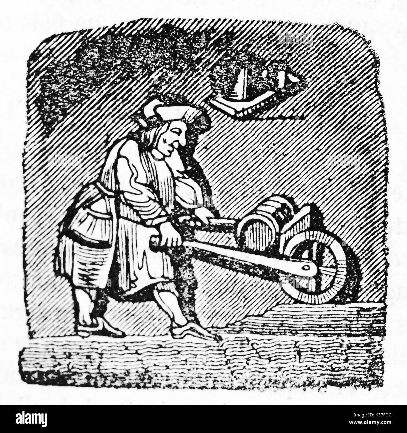 Antica icona di un uomo in abiti medievali utilizzando una carriola. Dopo il disegno del distrutto misericord a Corbeil Saint-Spire cattedrale. Pubblicato il Magasin pittoresco Parigi 1834 Foto Stock