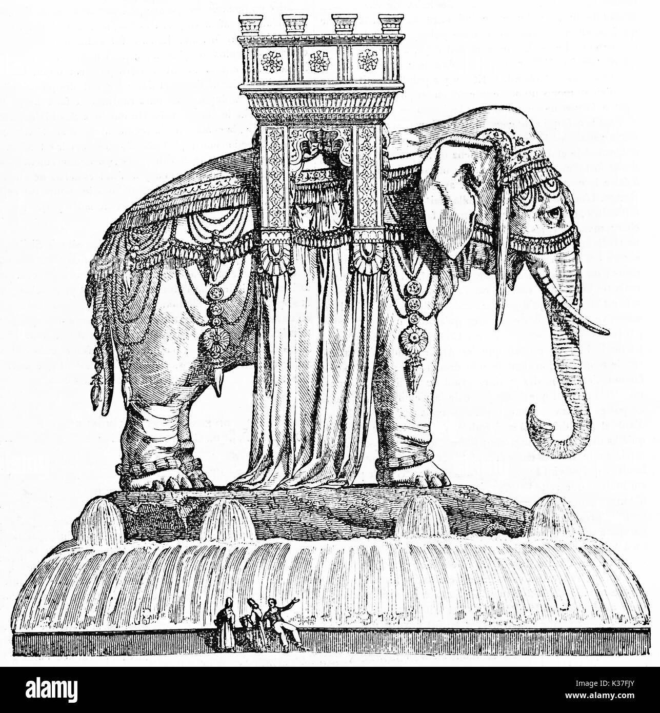 Gigantesco monumento di una statua di elefante per la piazza della Bastiglia di Parigi (progetto non realizzate dopo la distruzione della Bastiglia). Vecchia illustrazione di autore non identificato, il Magasin pittoresco Parigi 1834 Foto Stock