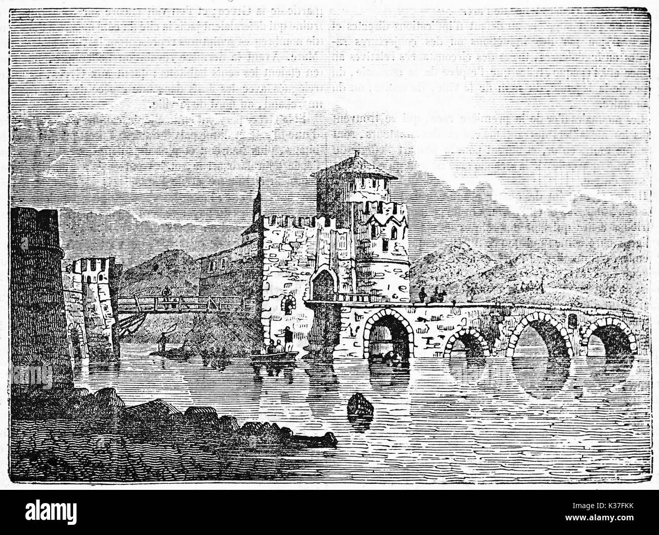 Medievale ponte in pietra che conduce ad un antica fortezza su un lago in terra rocciosa, ponte Euripus Grecia. Vecchia illustrazione di autore non identificato pubblicato il Magasin pittoresco Parigi 1834 Foto Stock