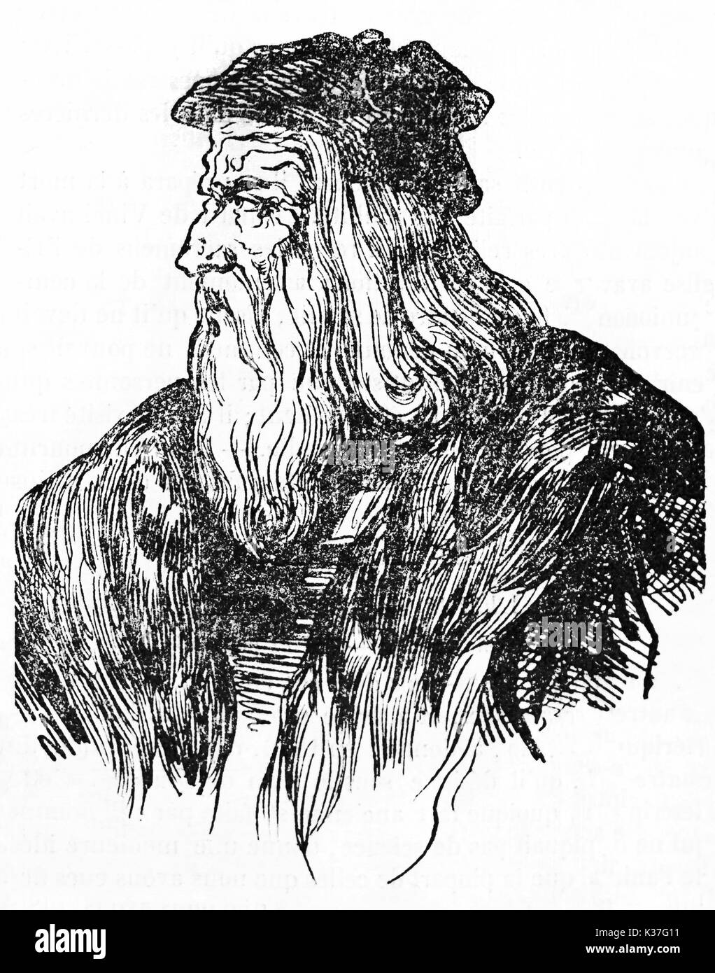 Profilo di antico ritratto di Leonardo da Vinci italiano genio rinascimentale. Vecchia illustrazione di Gigoud pubblicato il Magasin pittoresco Parigi 1834 Foto Stock