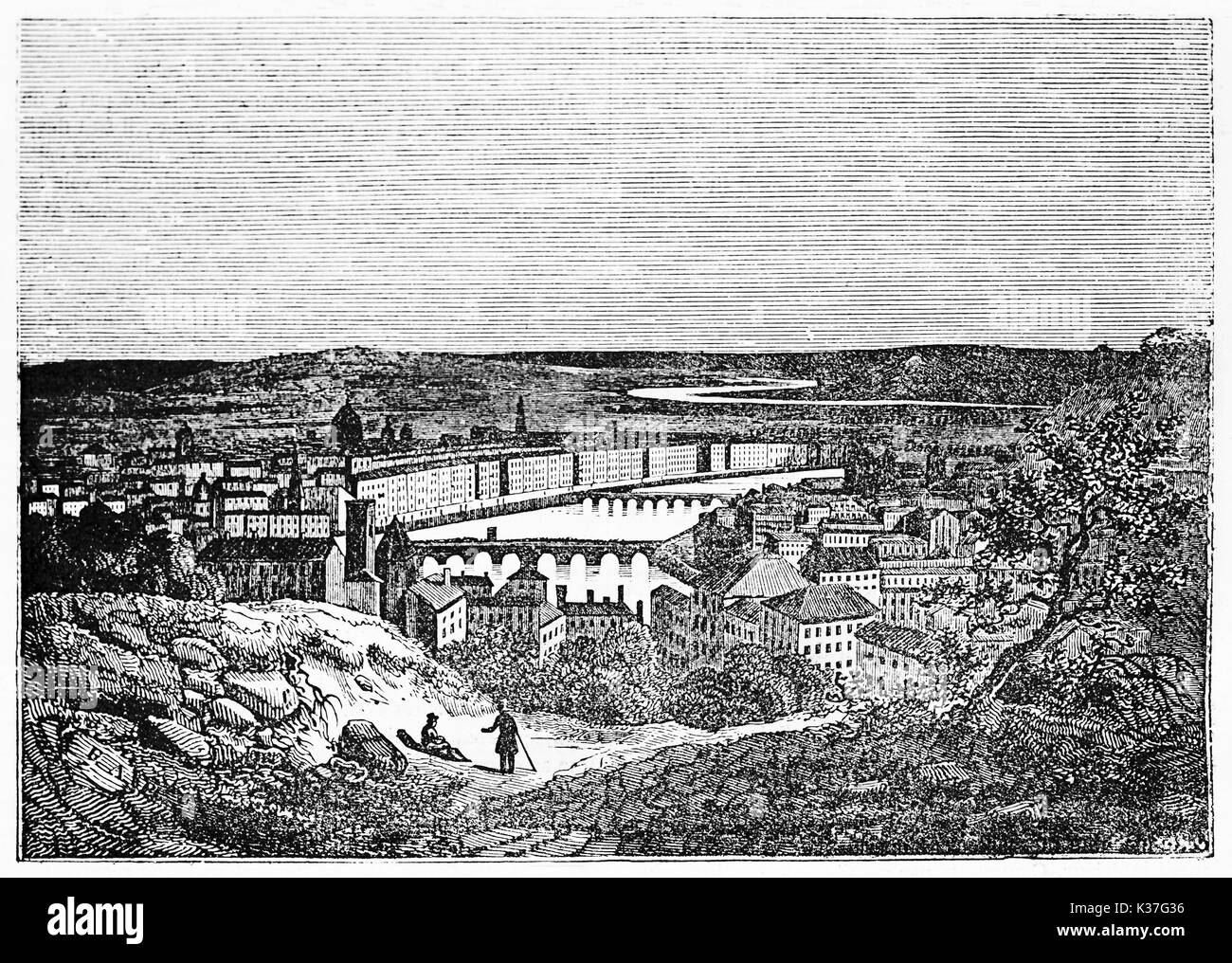 Vecchio cityscape vista da una sommità di una collina. Lione dal Croix-Rousse, Francia. Vecchia illustrazione di autore non identificato, pubblicato il Magasin pittoresco, Parigi, 1834 Foto Stock