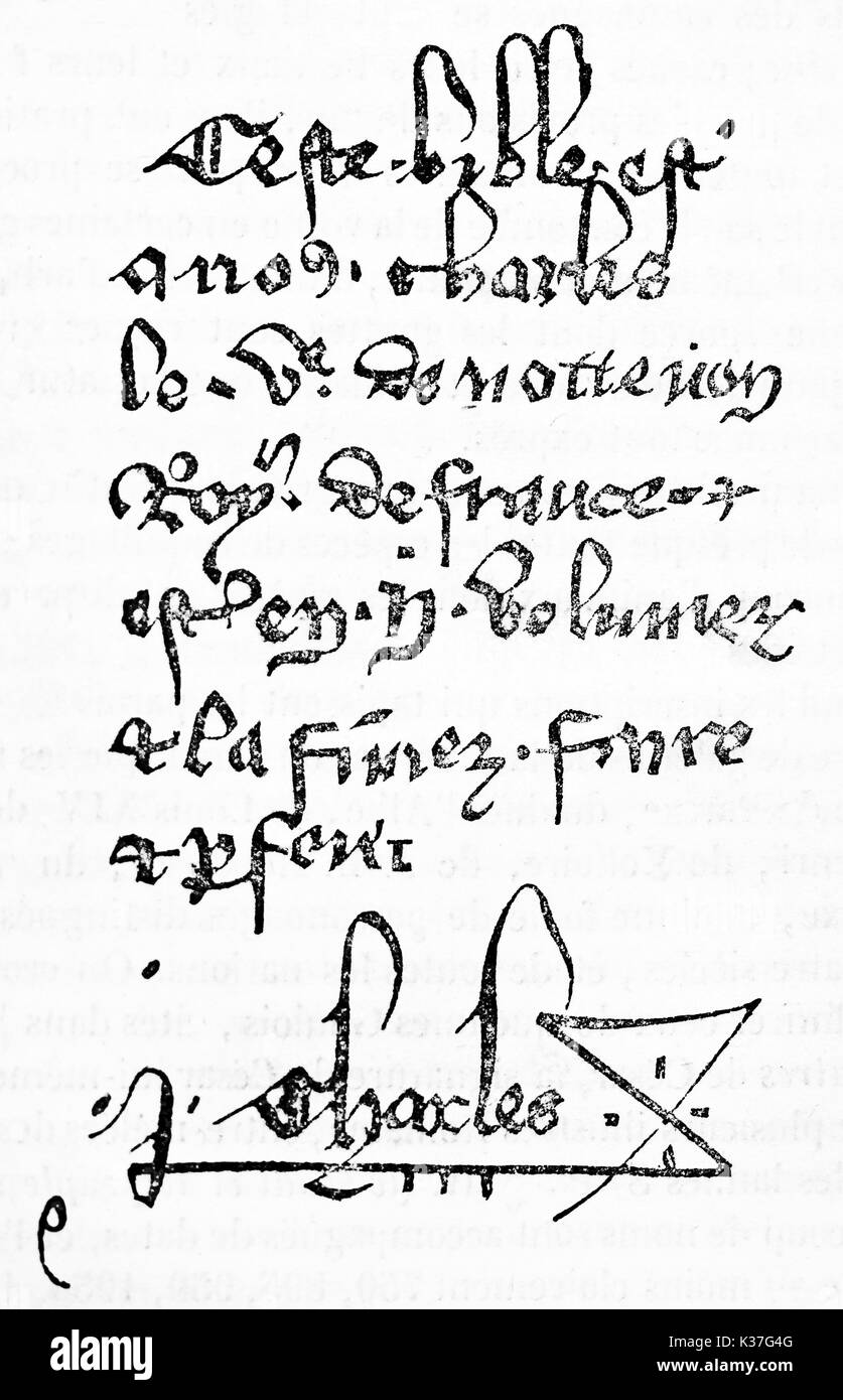 Antico borgo medioevale dei caratteri per un testo fatti a mano su una pagina bianca. Vecchia riproduzione del XIV secolo la bibbia pagina (Carlo V la bibbia), pubblicato il Magasin pittoresco, Parigi, 1834 Foto Stock