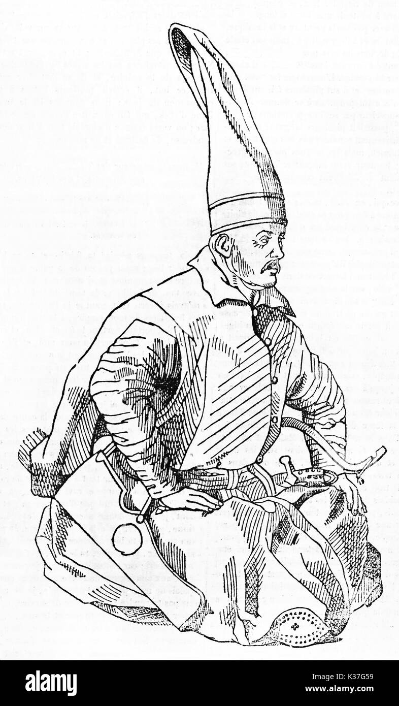 Mehemed il Conquistatore (1432 - 1481), il sultano ottomano, in posa sulle ginocchia con indosso la sua uniforme tradizionale. Vecchio ritratto inciso da Bellini, pubblicato il Magasin pittoresco, Parigi, 1834 Foto Stock