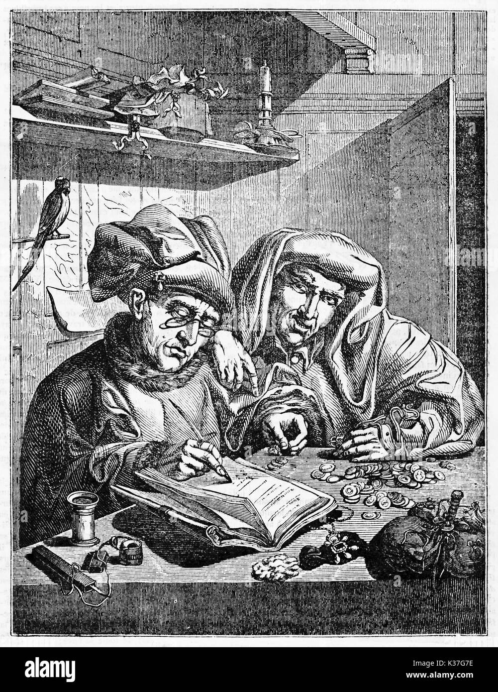 Due persone medievale conteggiare denaro su una scrivania. Riproduzione di Quentin Metsys immagine: Misers. Creato il vecchio Illustrazione da Jackson dopo Metsys, pubblicato il Magasin pittoresco, Parigi, 1834 Foto Stock