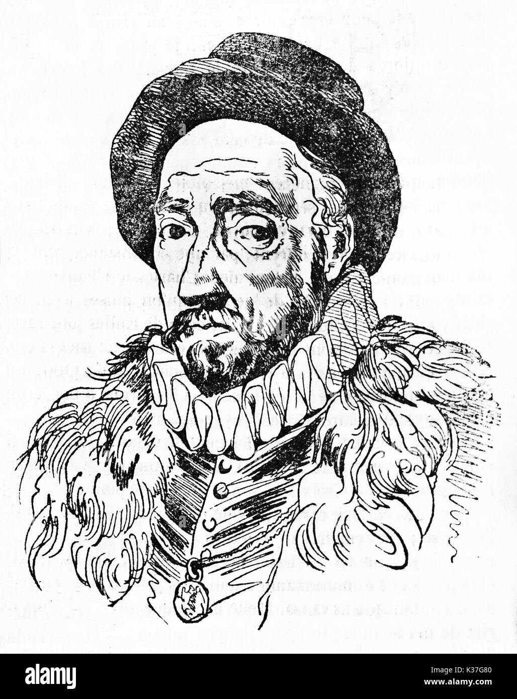 Incisi ritratto di Michel Eyquem de Montaigne (1533 - 1592), francese filosofo rinascimentale. Vecchia illustrazione di Gigouc, pubblicato il Magasin pittoresco, Parigi, 1834 Foto Stock
