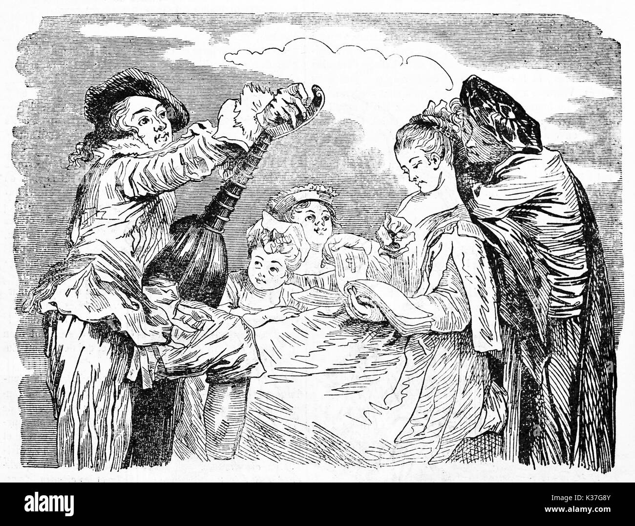 Lezione di musica in un contesto medioevale con persone vestite con abiti antichi. Vecchia illustrazione di Gigoux, Andrew Best e Leloir dopo Watteau, pubblicato il Magasin pittoresco, Parigi, 1834 Foto Stock