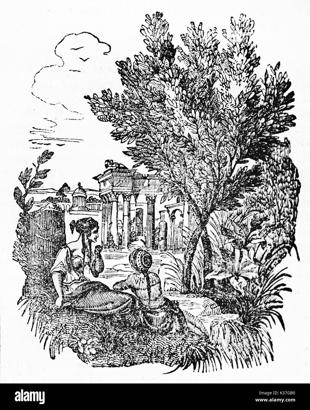 Albero di olivo in piedi in un greco antico luogo bucolico vicino agli antichi greci persone. Vecchia illustrazione di autore non identificato, pubblicato il Magasin pittoresco, Parigi, 1834. Foto Stock