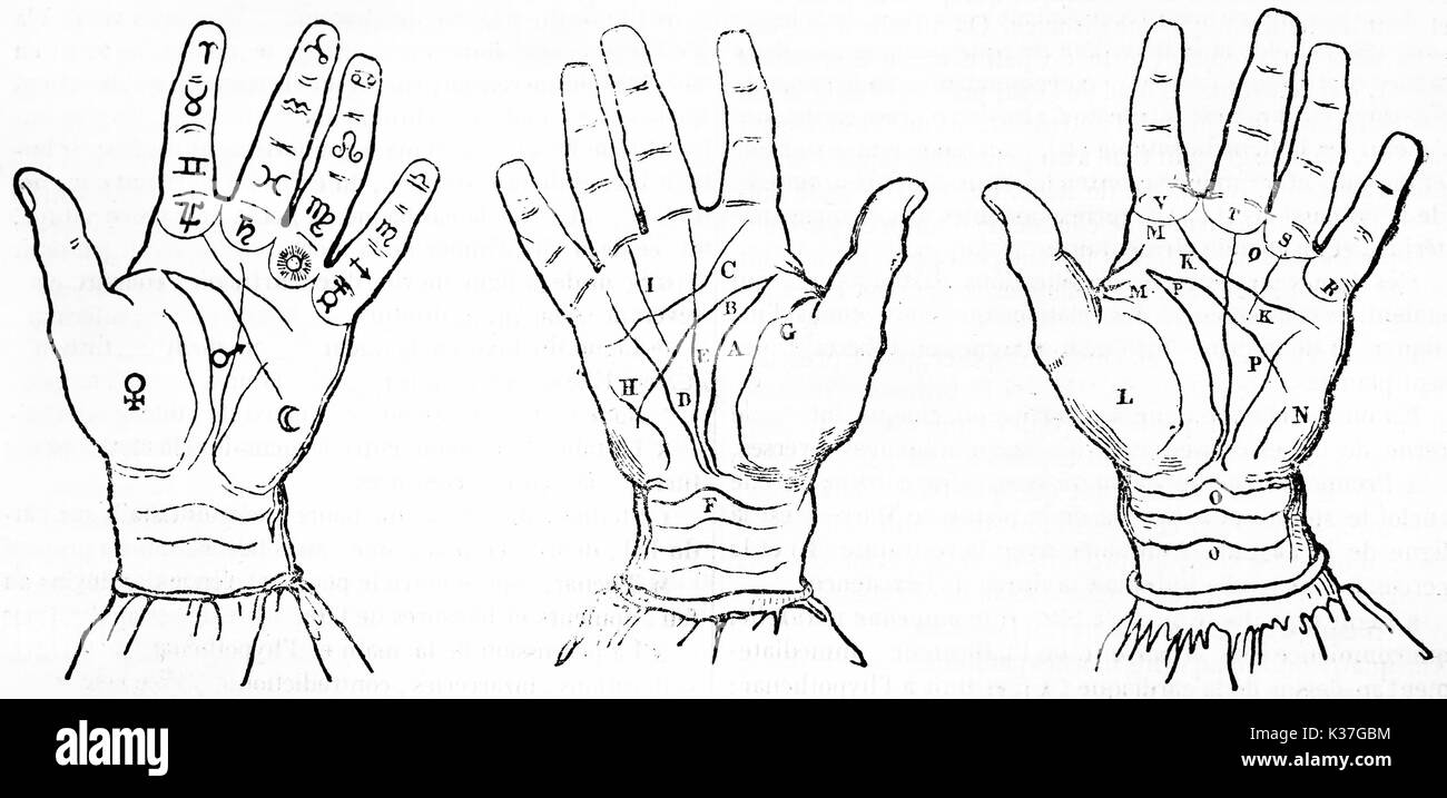 Tre vecchie illustrazioni isolate di chiromanzia principi con la linea delle mani e i simboli esoterici. Vecchia illustrazione di autore non identificato, pubblicato il Magasin pittoresco, Parigi, 1834 Foto Stock