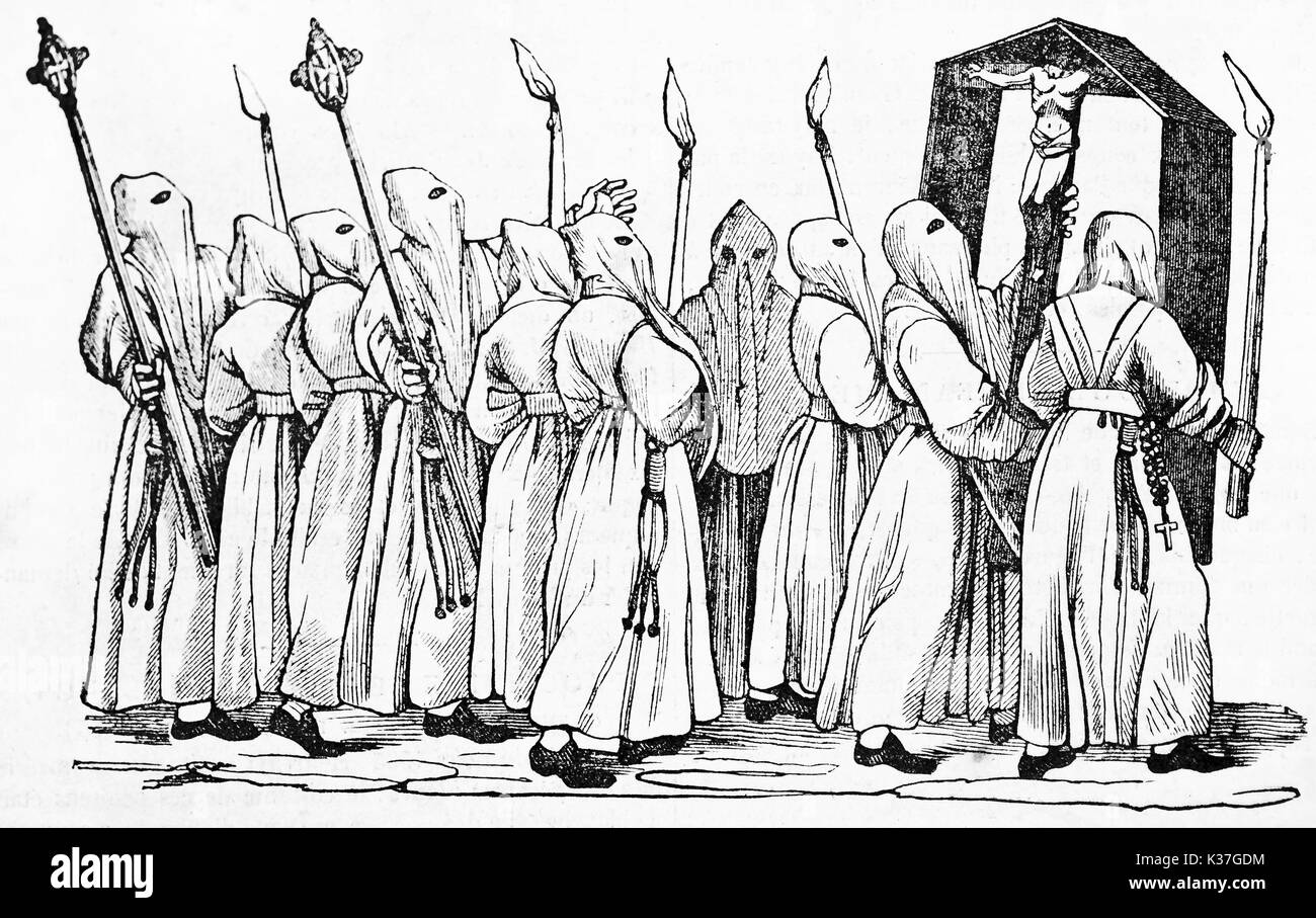 Un gruppo di persone con cappuccio portando un crocifisso in processione, confraternita di bianco Penutens. Vecchia illustrazione di autore non identificato, pubblicato il Magasin pittoresco, Parigi, 1834 Foto Stock