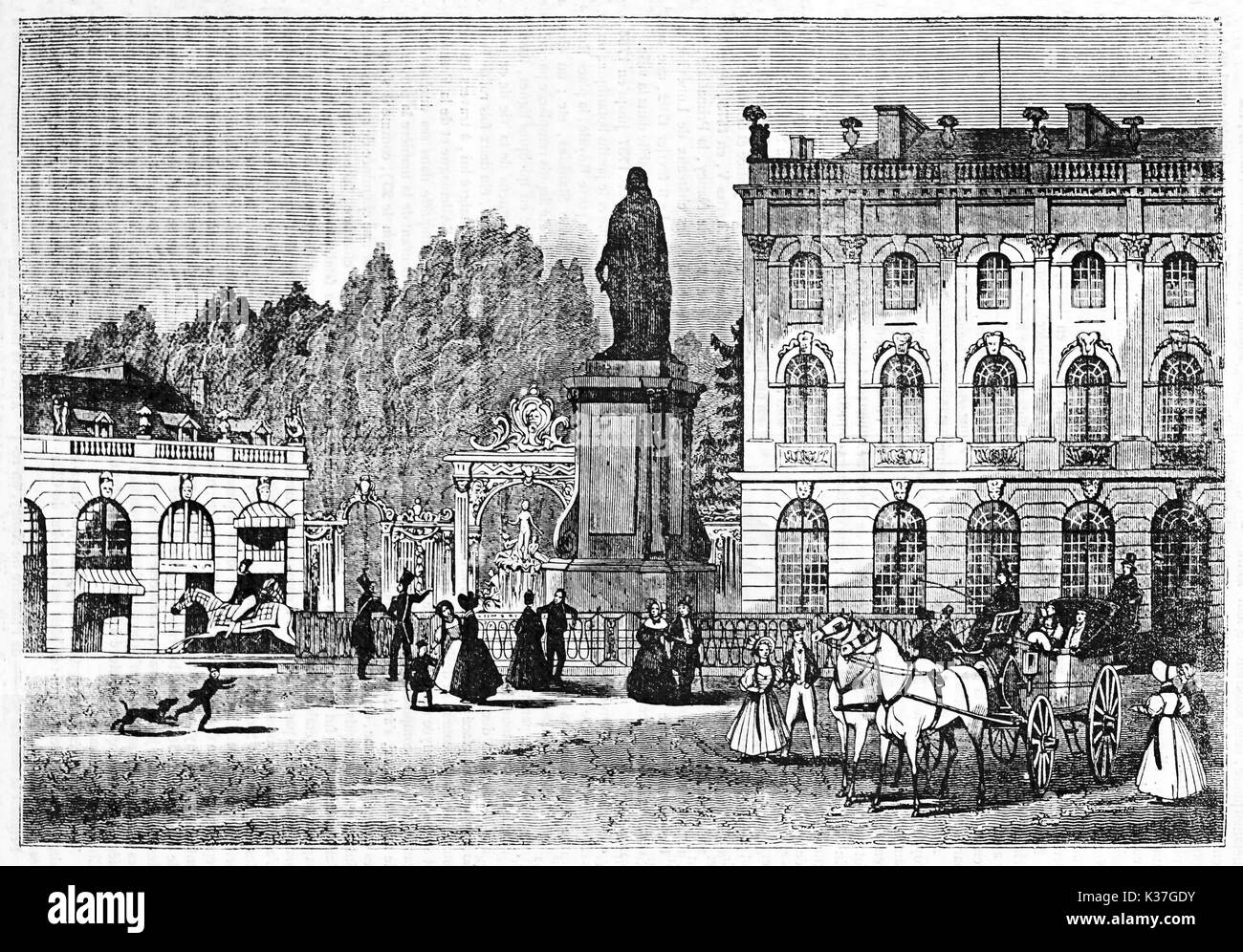 Stanislas square con Stanislas Leszczynski statua in un contesto antico con persone ed edifici, Nancy, Francia. Vecchia illustrazione di Sevatteint e Jackson, Magasin pittoresco, Parigi, 1834 Foto Stock