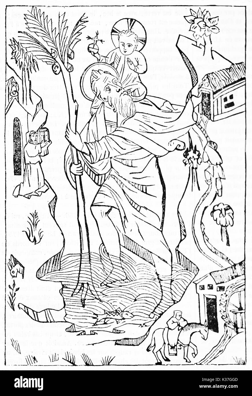 Saint-Christopher e Cristo sulle sue spalle raffigurata in un minimo di tipo iconico stile medievale. Vecchia illustrazione di autore non identificato pubblicato il Magasin pittoresco Parigi 1834 Foto Stock