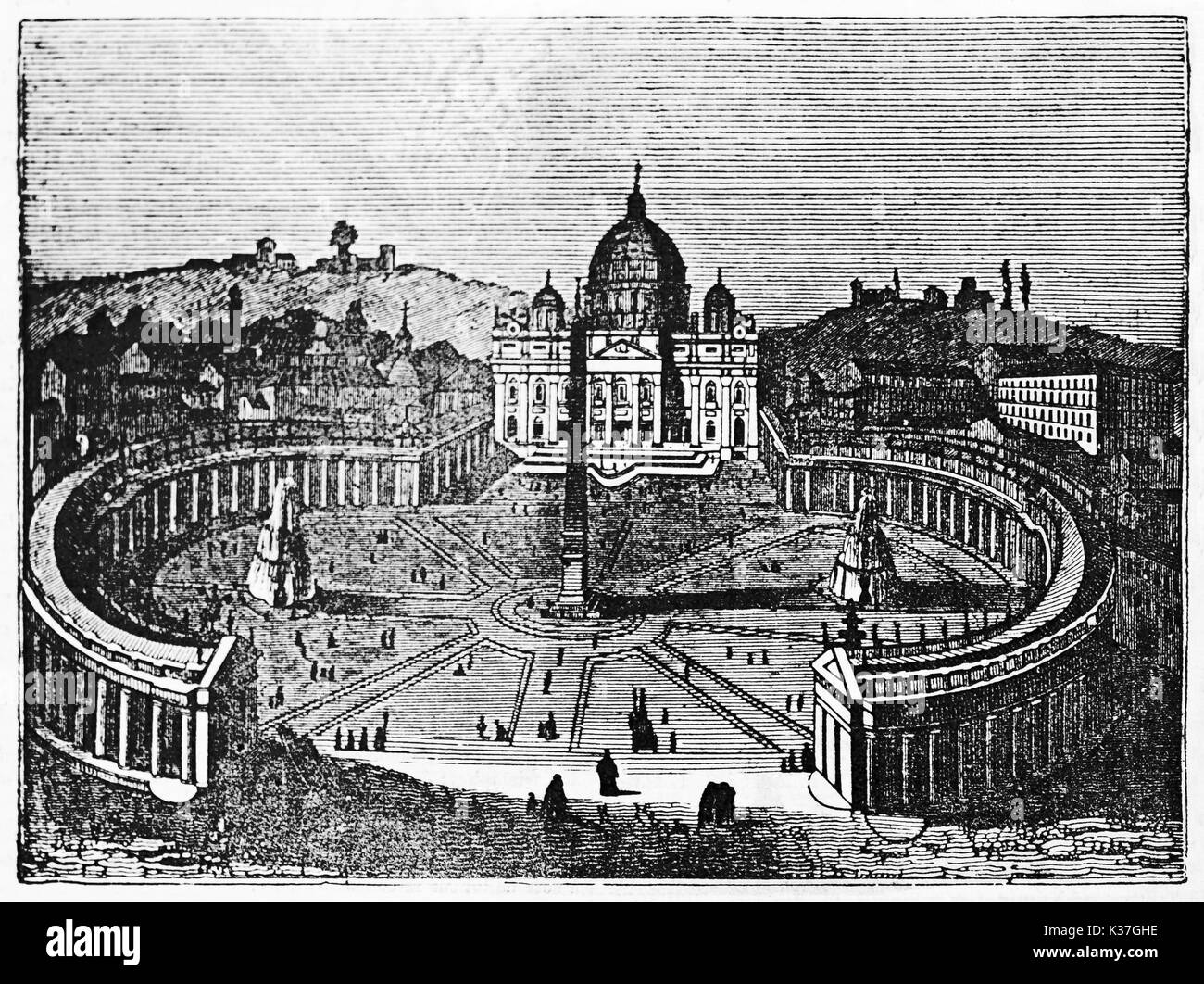 Antica vista di Piazza San Pietro e la basilica nella Città del Vaticano. Vecchia illustrazione di autore non identificato pubblicato il Magasin pittoresco Parigi 1834 Foto Stock