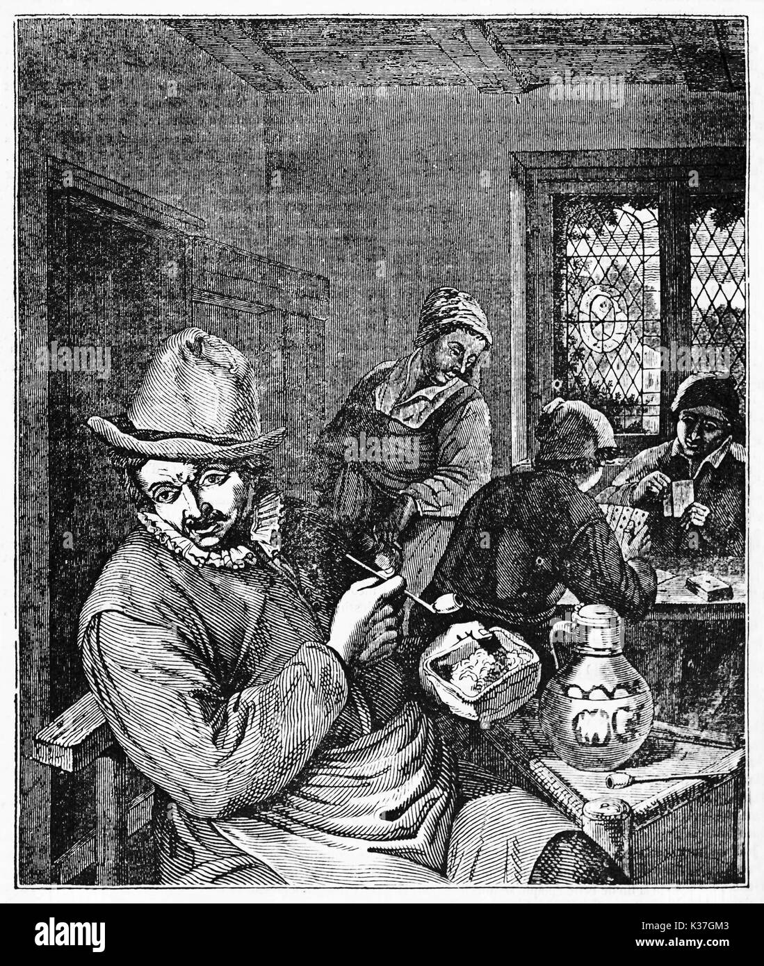 Il fumatore di tabacco seduto in una locanda medievale medicazione vestiti antichi. Da van Ostade pubblicato il Magasin pittoresco Parigi 1834 Foto Stock