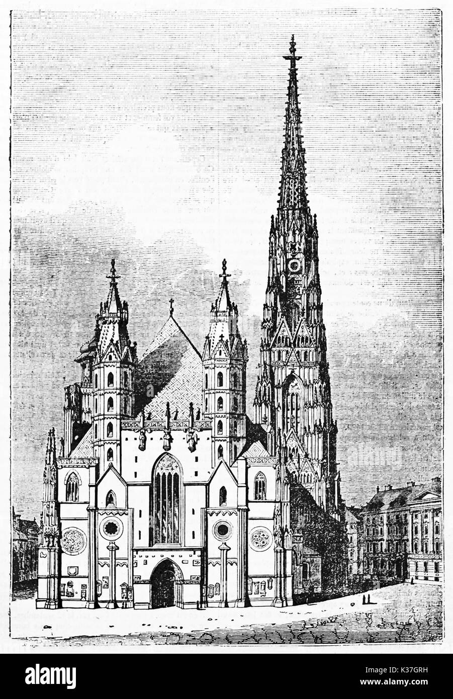 Maestosa vista frontale della cattedrale di Santo Stefano a Vienna Austria, con edificio medievale e la piazza nelle vicinanze. Vecchia illustrazione di autore non identificato pubblicato il Magasin pittoresco Parigi 1834 Foto Stock