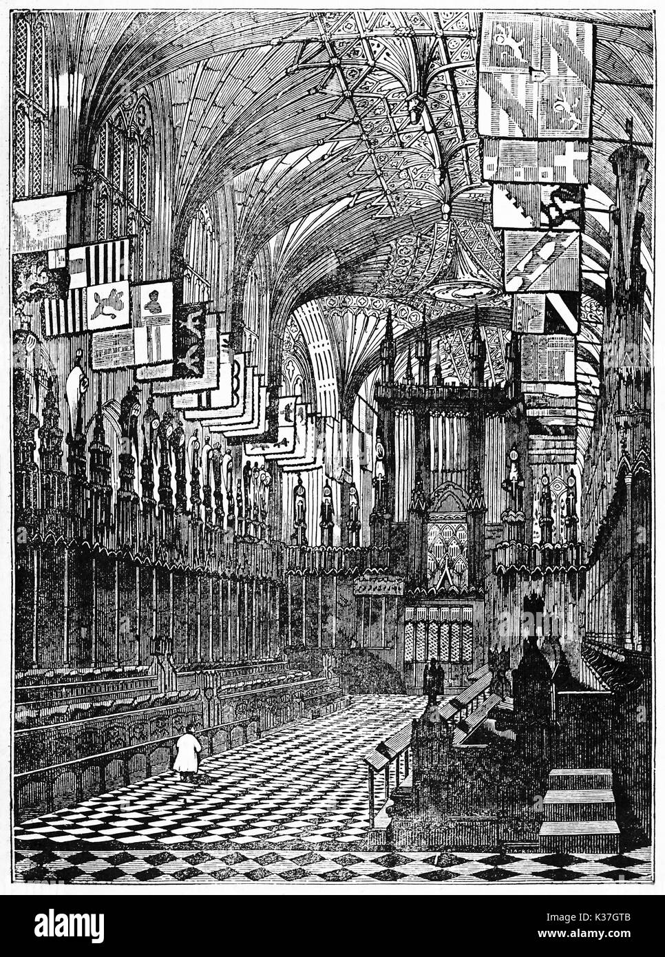 Una vista maestosa del castello di Windsor cappella interno con molti nobili bandiere poste sul tetto ad arco. Vecchia illustrazione di autore non identificato pubblicato il magasin pittoresco Parigi 1834. Foto Stock