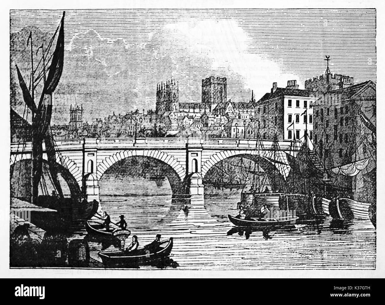 York antica cityscape, Inghilterra, con il suo fiume e il ponte di pietra in primo piano e il resto degli edifici in background. Vecchia Illustrazione da Jackson pubblicato il Magasin pittoresco Parigi 1834 Foto Stock