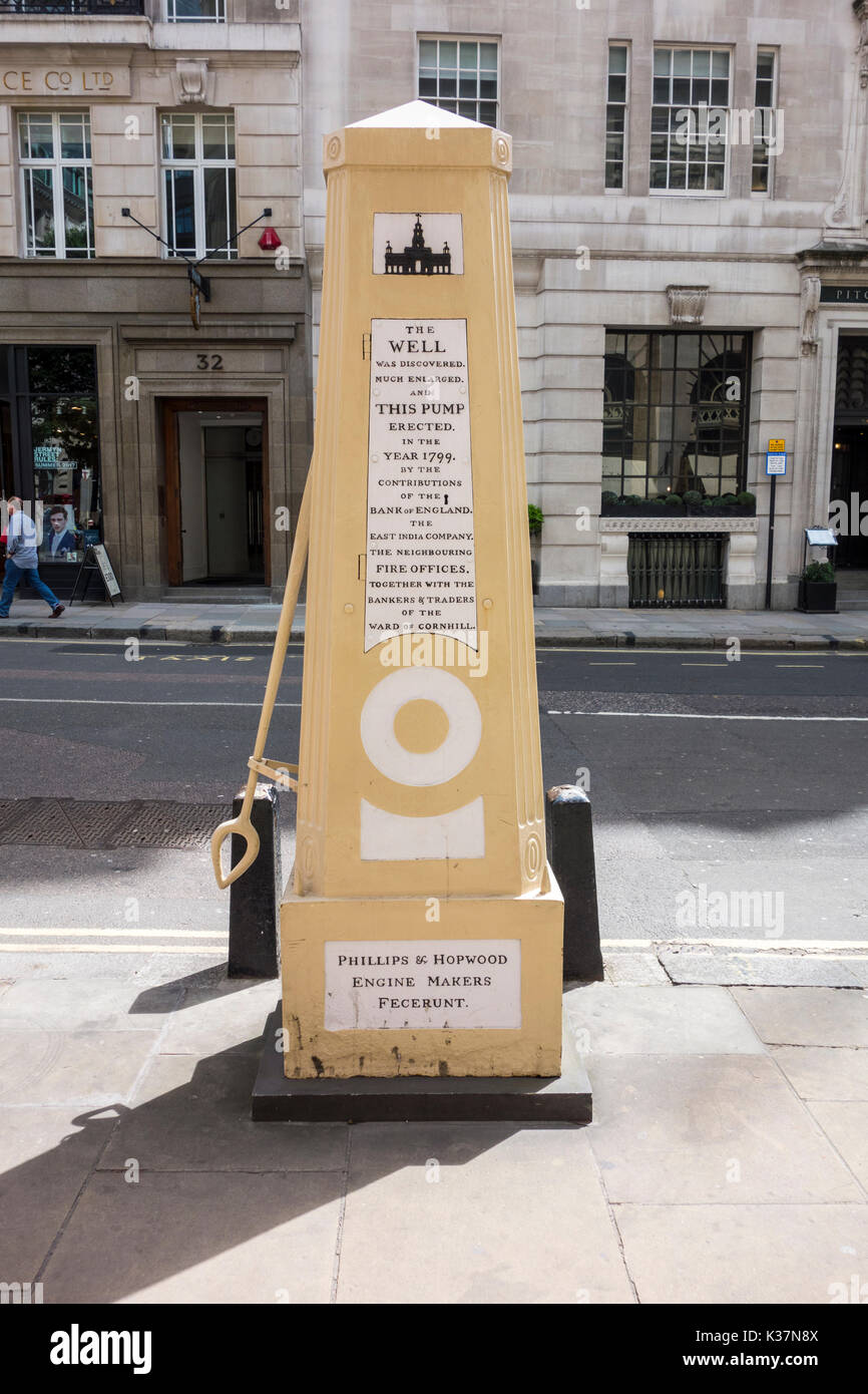 La Cornhill pompa acqua, Royal Exchange, città di Londra, Regno Unito Foto Stock