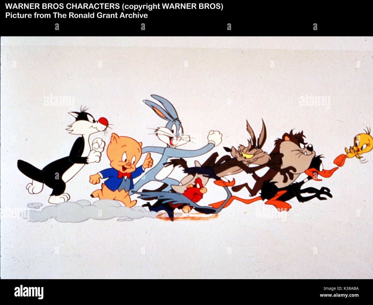 La WARNER BROTHERS personaggi animati L-R, Silvestro, Porky Pig, Bugs Bunny Yosemite Sam, il coyote, il Diavolo della Tasmania, Daffy Duck, Tweety Pie Foto Stock