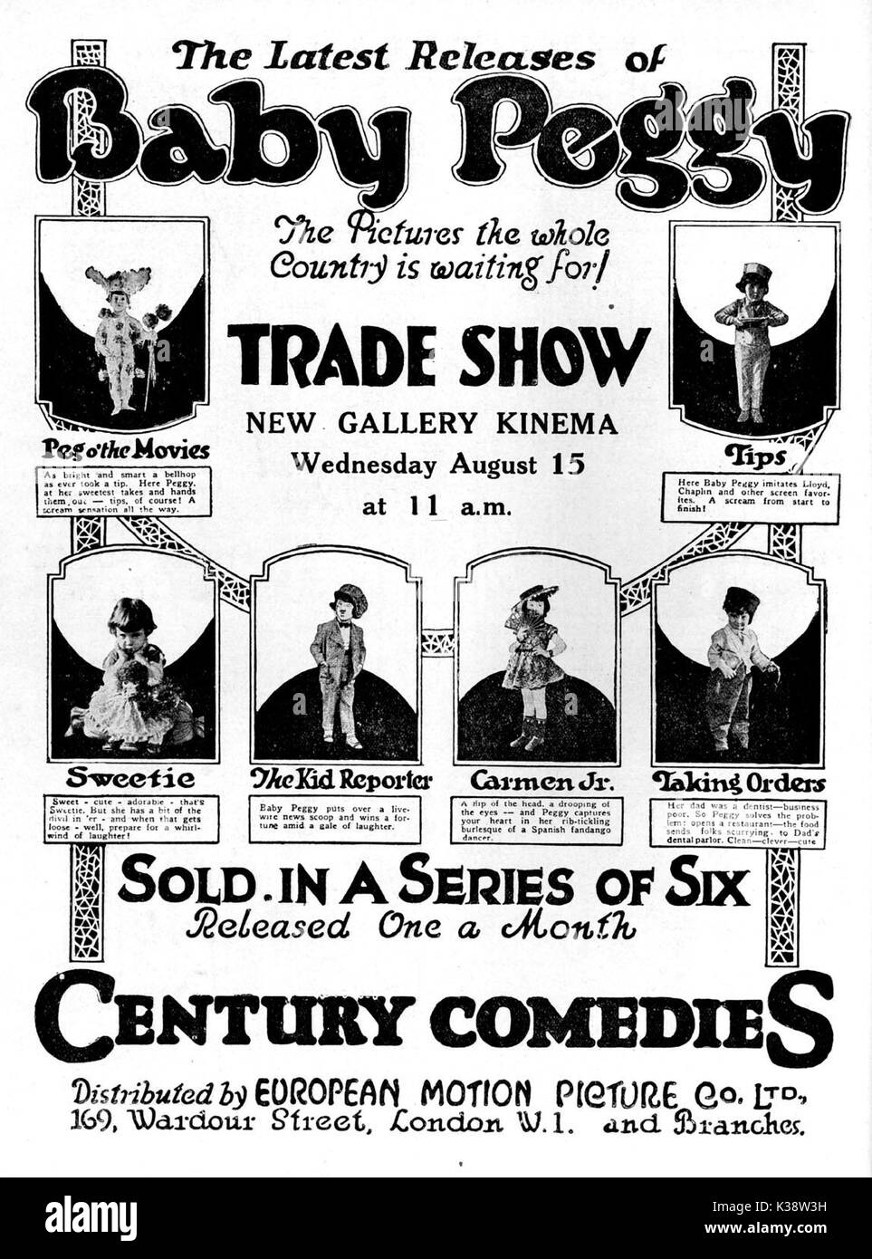BABY PEGGY UN 1923 ANNUNCIO CHE UN'ANTEPRIMA DI QUESTI SEI FILM PER IL CINEMA COMMERCIALI PRESSO LA NUOVA GALLERIA CINEMA, Regent Street, Londra Foto Stock