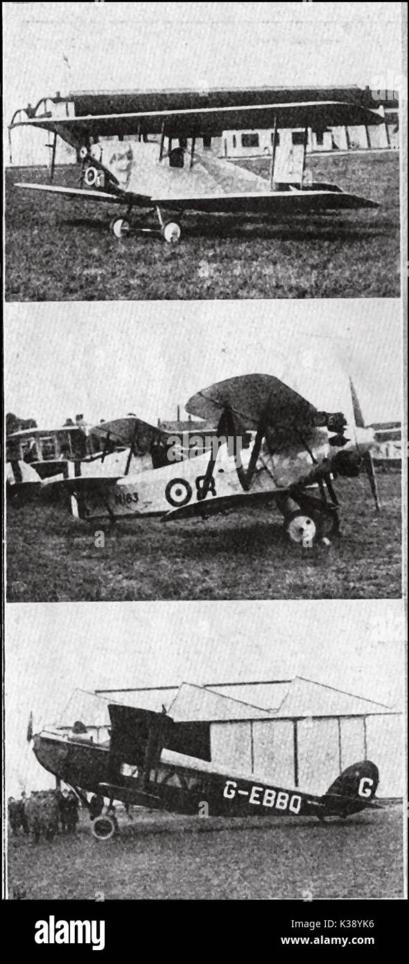 Una selezione di 'Moderne' aerei britannici nel 1924 - Vickers Viget - Fairey Fly Catcher (una nave del piano con i galleggianti opzionali) & un commerciale Napier Lion Foto Stock