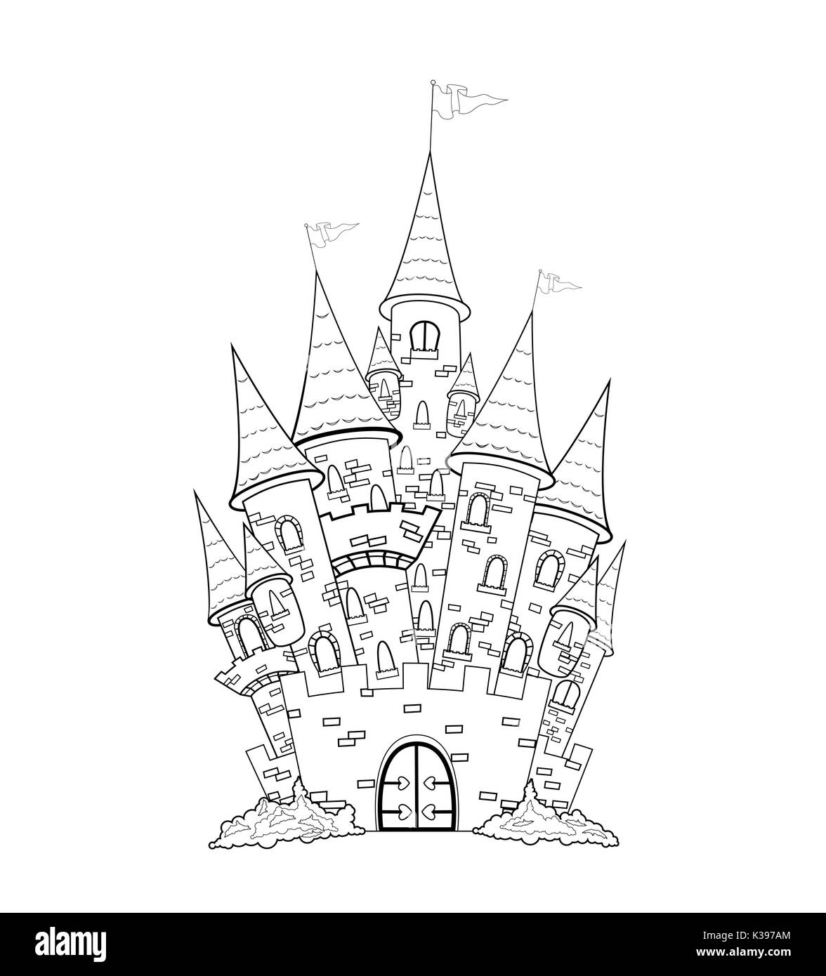 Profilo del castello. Schizzo di contorno del castello. I contorni del castello su uno sfondo bianco. Illustrazione Vettoriale