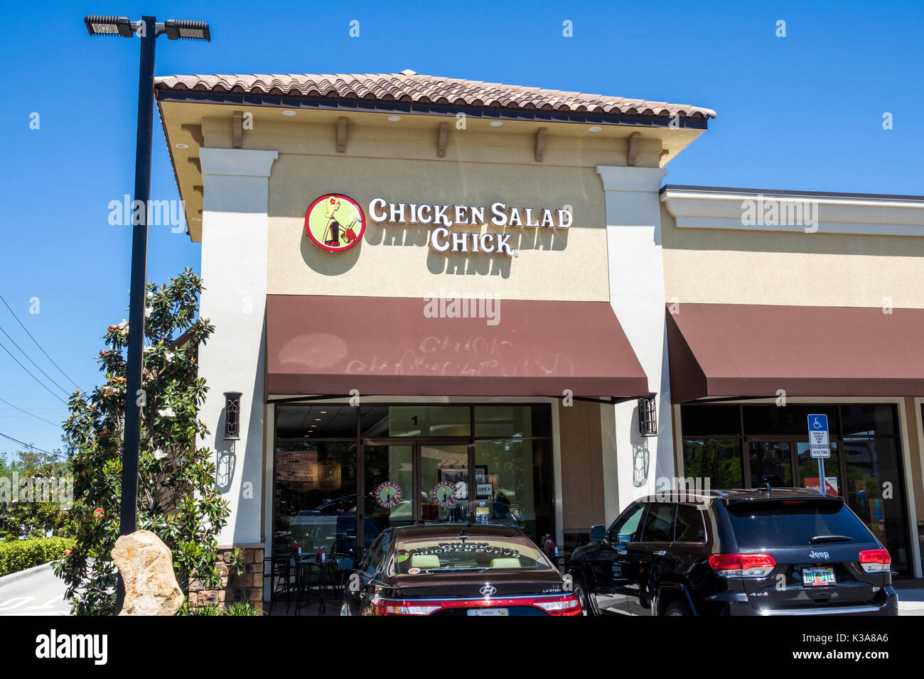 Florida, Ormond Beach, Chicken Salad Chick, ristorante ristoranti, cibo, mangiare fuori caffè caffè, bistrot, paninoteca, ristorante informale, esterno, Foto Stock