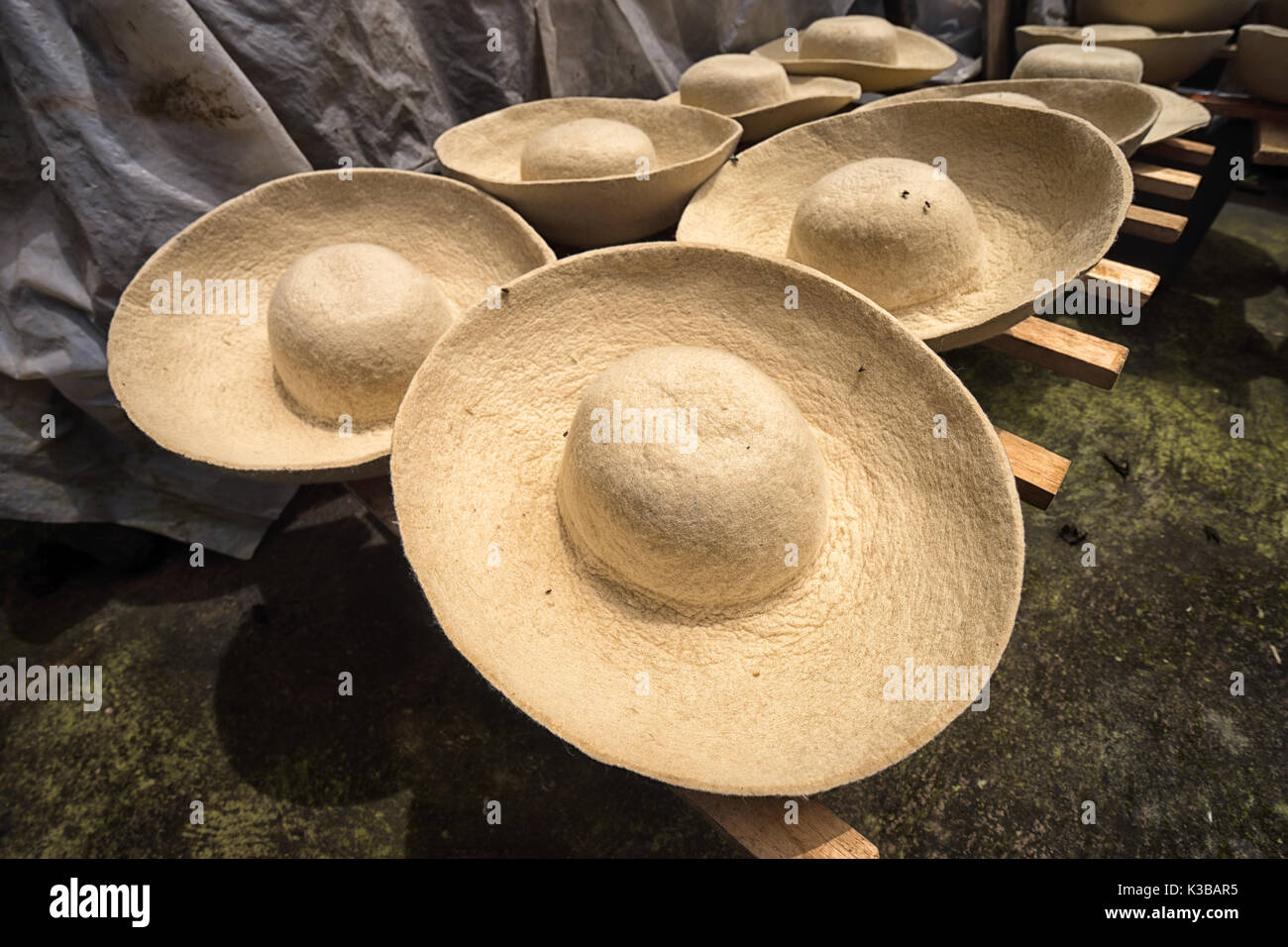 Aprile 21, 2017 Iluman, Ecuador: forma pressata cappelli di feltro vengono essiccati al sole Foto Stock