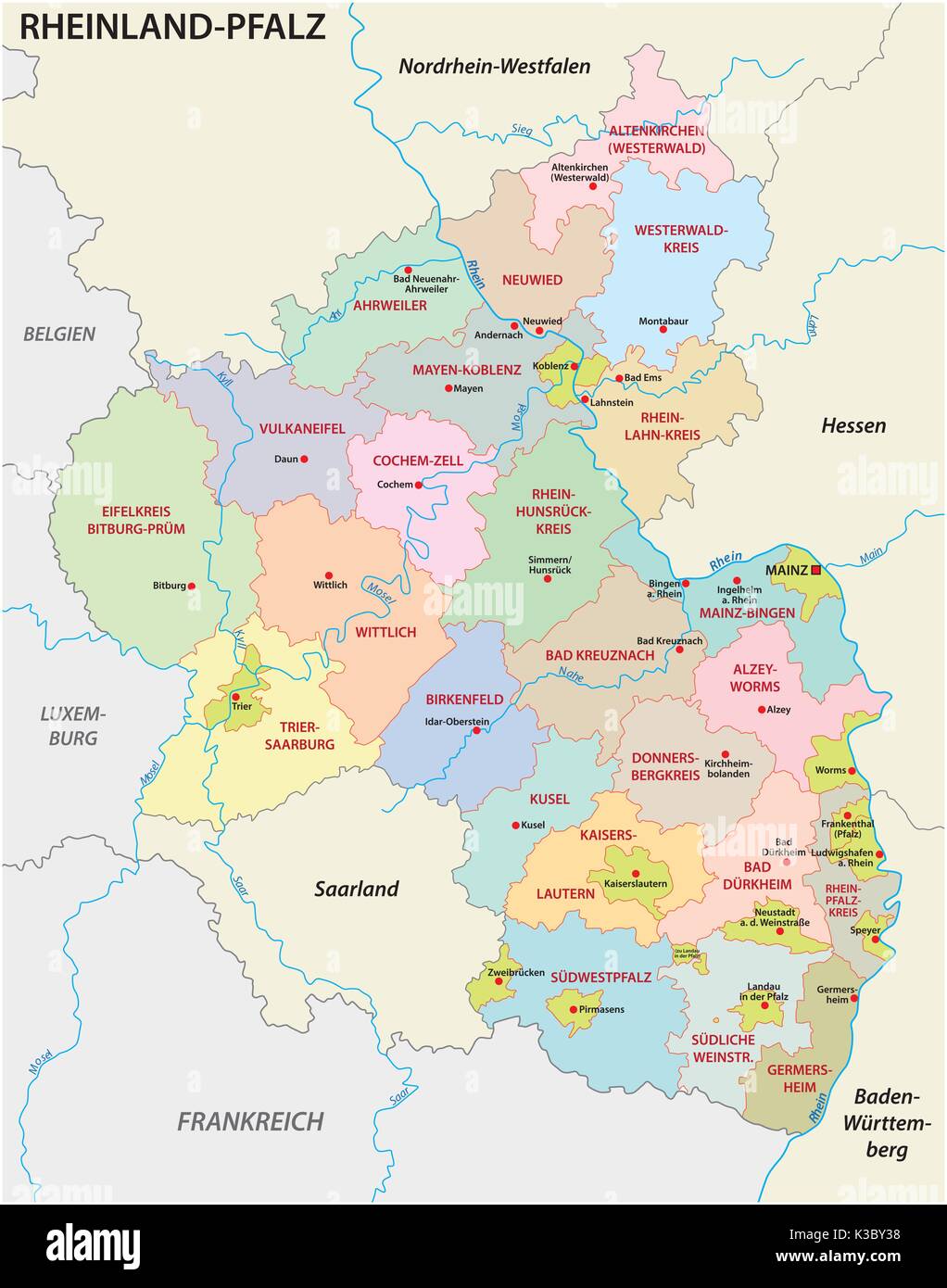 Renania-Palatinato politica e amministrativa di mappa in lingua tedesca Illustrazione Vettoriale