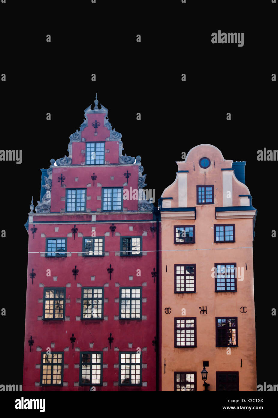 Stoccolma famosa vecchie case tagliare isolato in sfondo nero Foto Stock