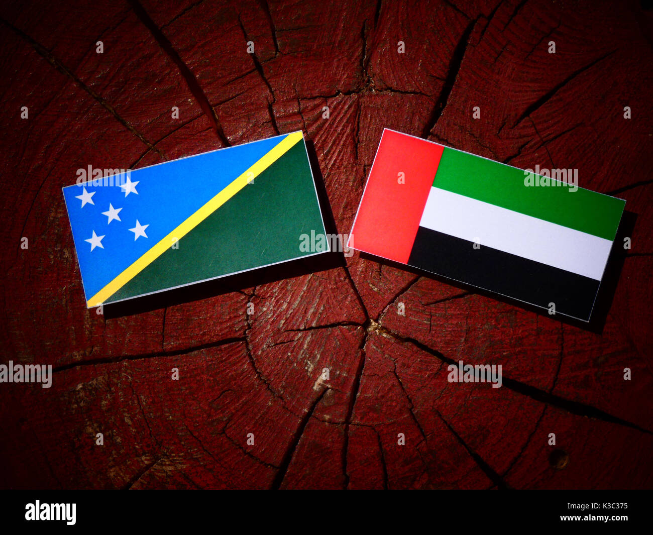 Isole Salomone bandiera con Bandiera degli Emirati Arabi Uniti su un ceppo di albero isolato Foto Stock