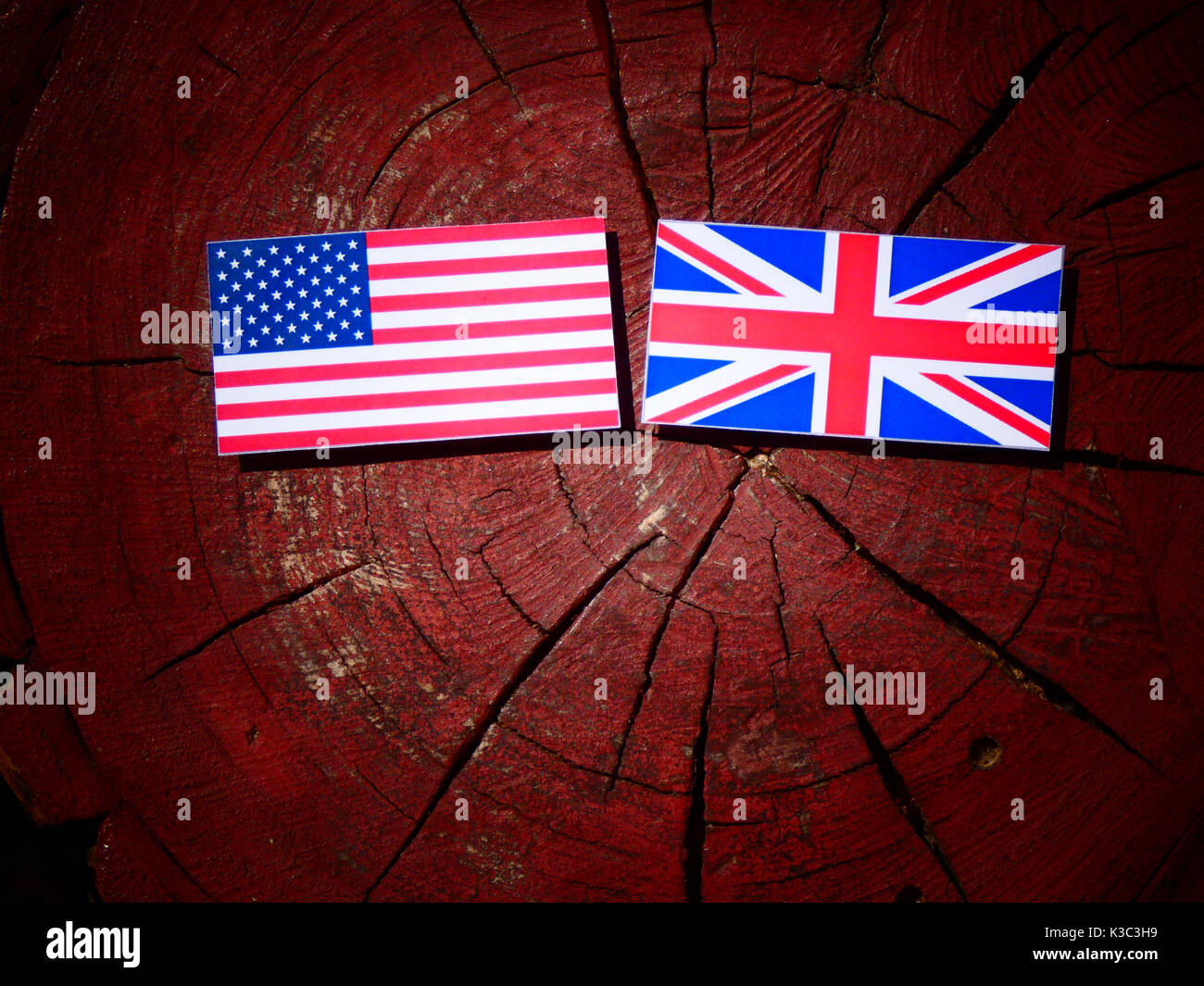 Bandiera degli Stati Uniti con la bandiera britannica su un ceppo di albero isolato Foto Stock
