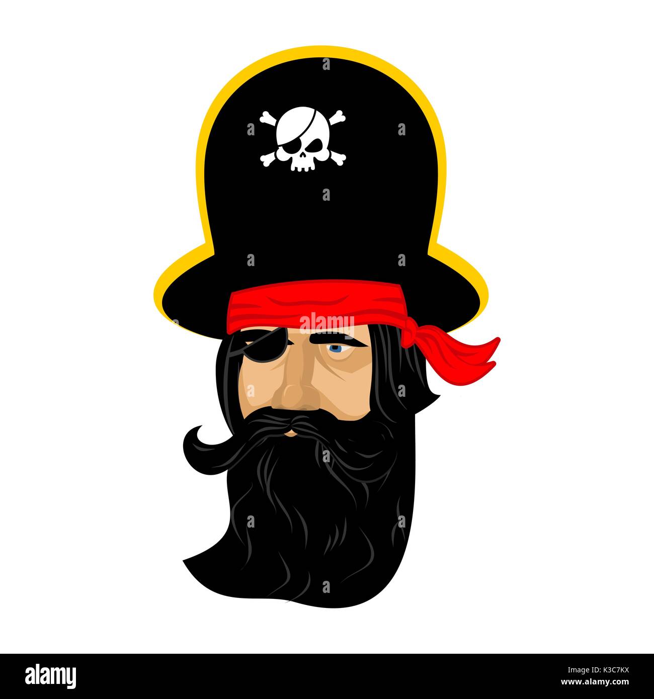 Ritratto di pirati in hat. occhio patch e tubo di fumo. filibuster cap. ossa e il cranio. testa corsair barba nera. Illustrazione Vettoriale