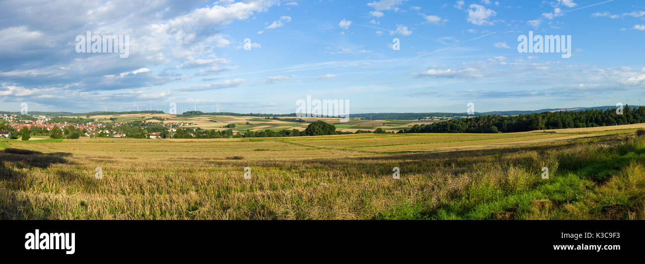 Vista panoramica della cittadina di Neustadt (Marburg-Biedenkopf distretto in Assia), i sobborghi e circostanti terreni agricoli nel sole al mattino Foto Stock