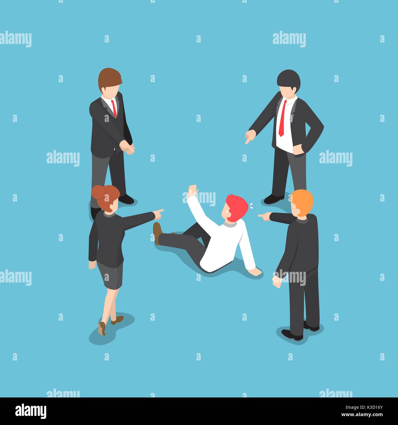 Appartamento 3D isometrica business persone che puntano il dito per incolpare di imprenditore. fallimento aziendale concetto. Illustrazione Vettoriale