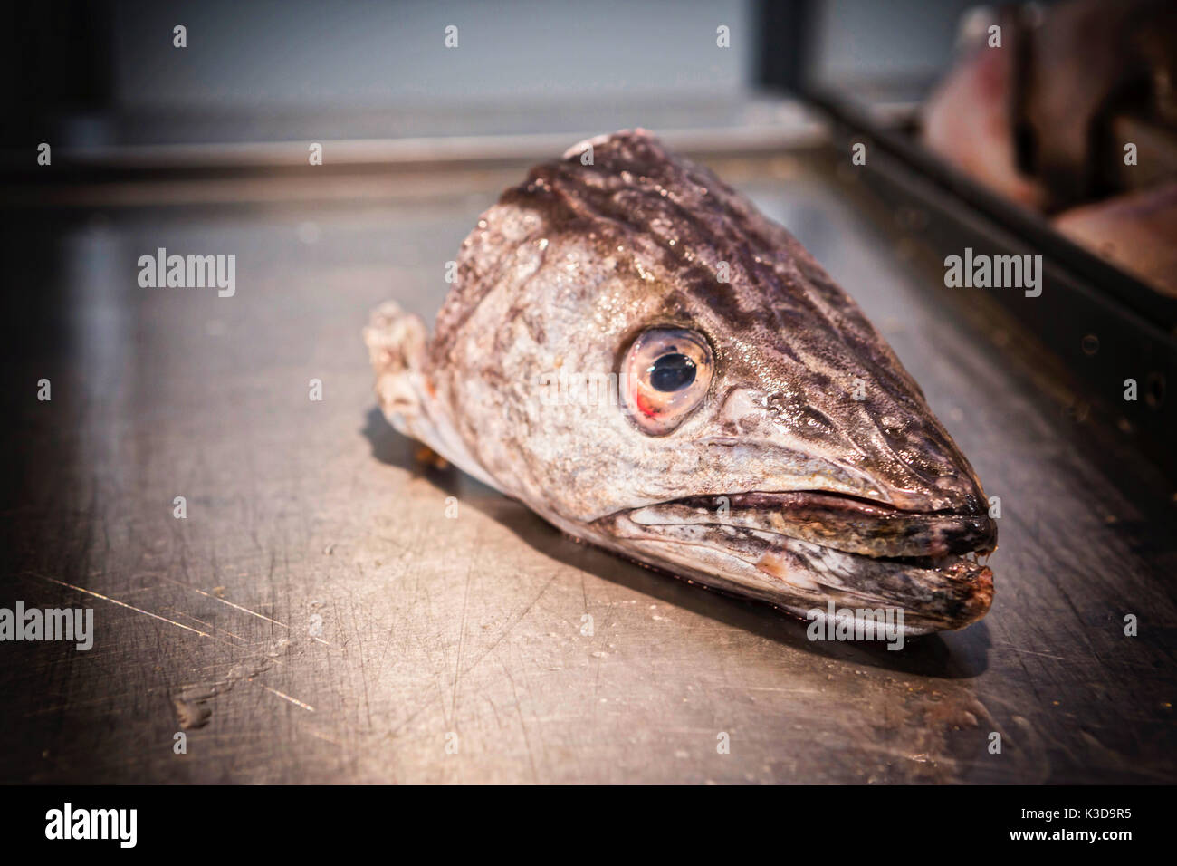 Taglio di testa di pesce sul mercato, Concept Foto Stock