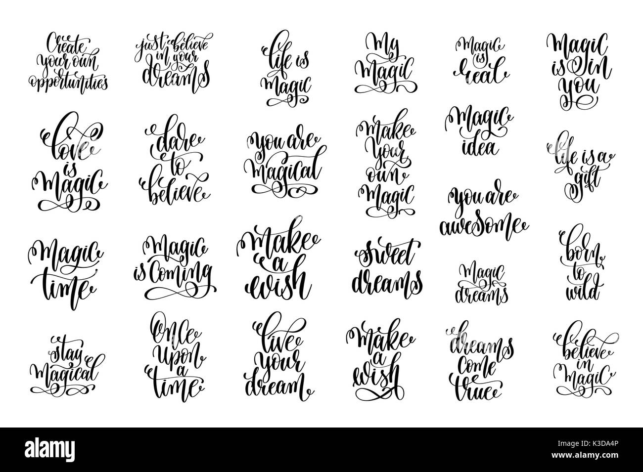 Set di 25 caratteri a mano iscrizione sogni magici Illustrazione Vettoriale