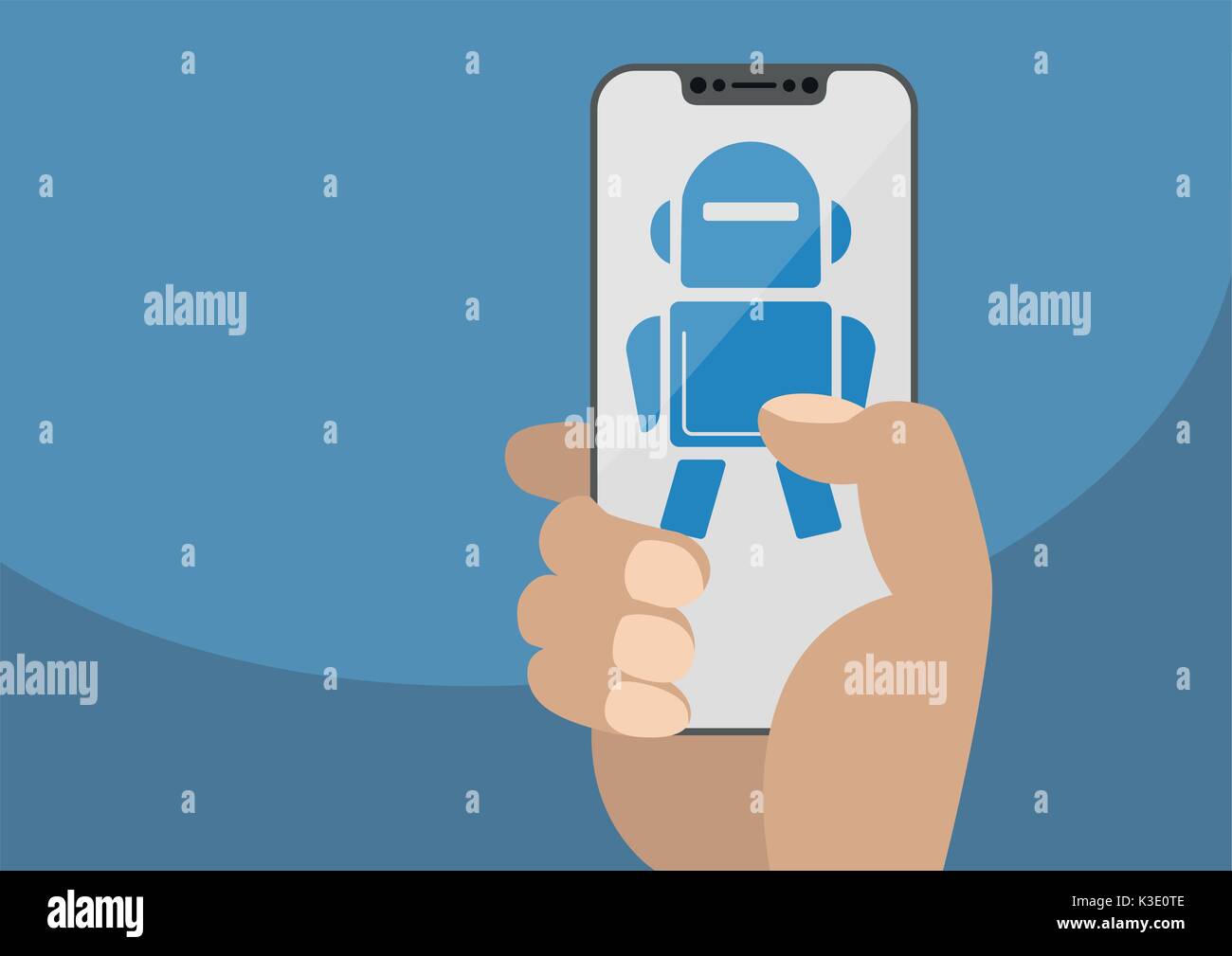 Mano azienda cornice moderna libera sullo smartphone. Robot icona visualizzata sul touchscreen come concetto di automazione o di digitalizzazione in un mondo mobile. Illustra Illustrazione Vettoriale