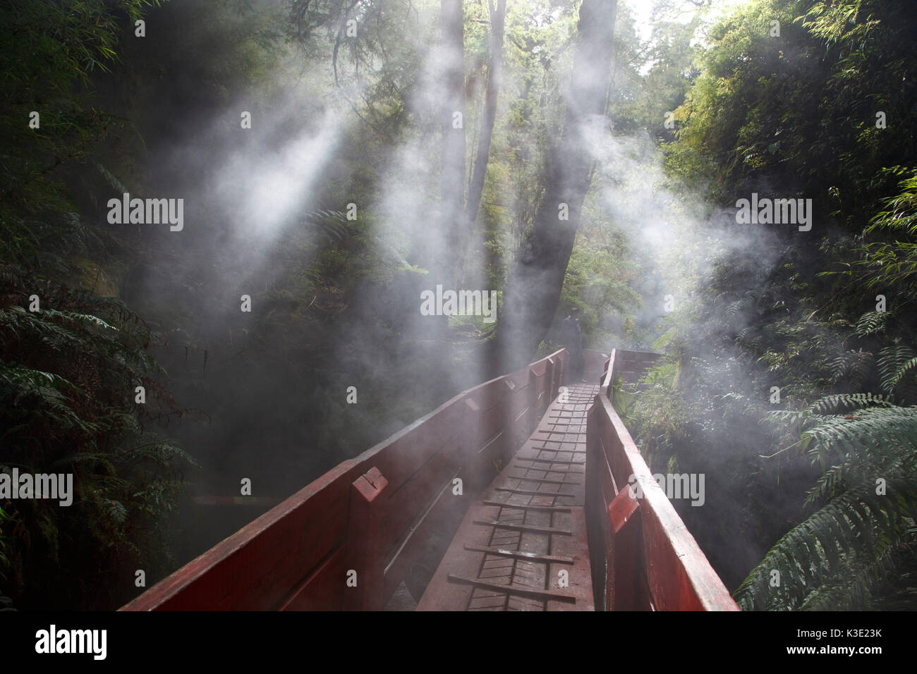 Il Cile, Araucania, spa termale Termas Geometricas, bridge, Sunray, Foto Stock