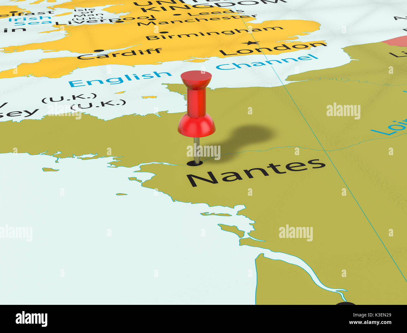 La puntina sulla mappa di Nantes sfondo. 3d'illustrazione. Foto Stock