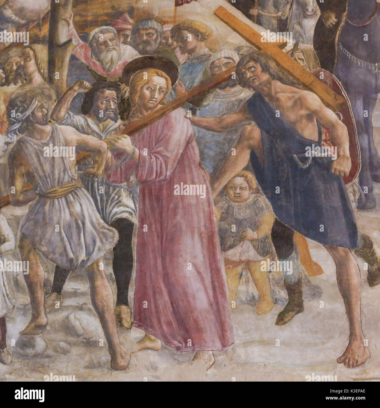 Affresco, creato nel 1450 da Vecchietta, di Gesù sulla via del Calvario in Siena il Battistero di San Giovanni presso la cattedrale di Siena, Toscana, Ita Foto Stock