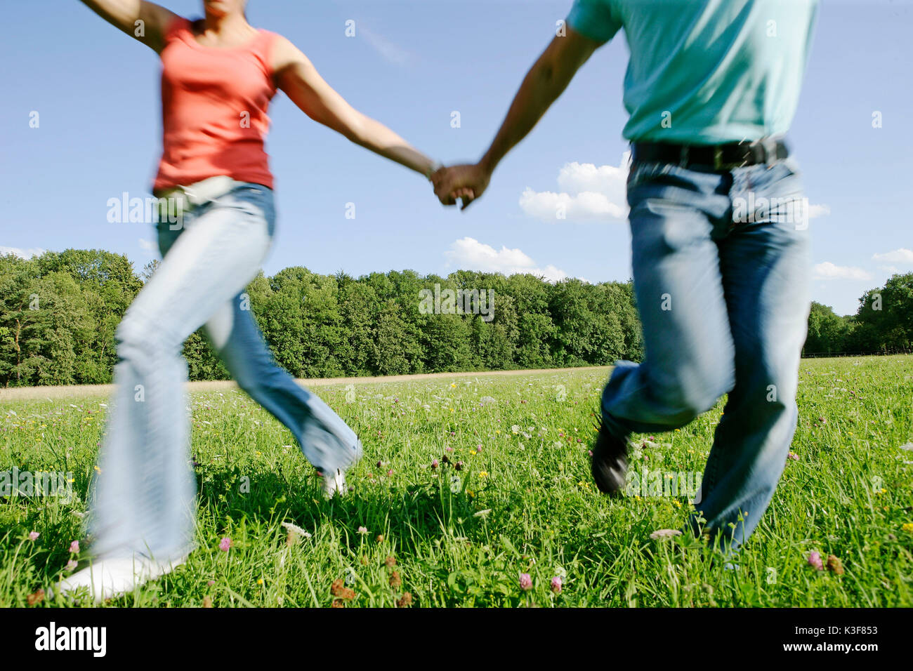 Coppia giovane corre mano nella mano su un prato Foto Stock