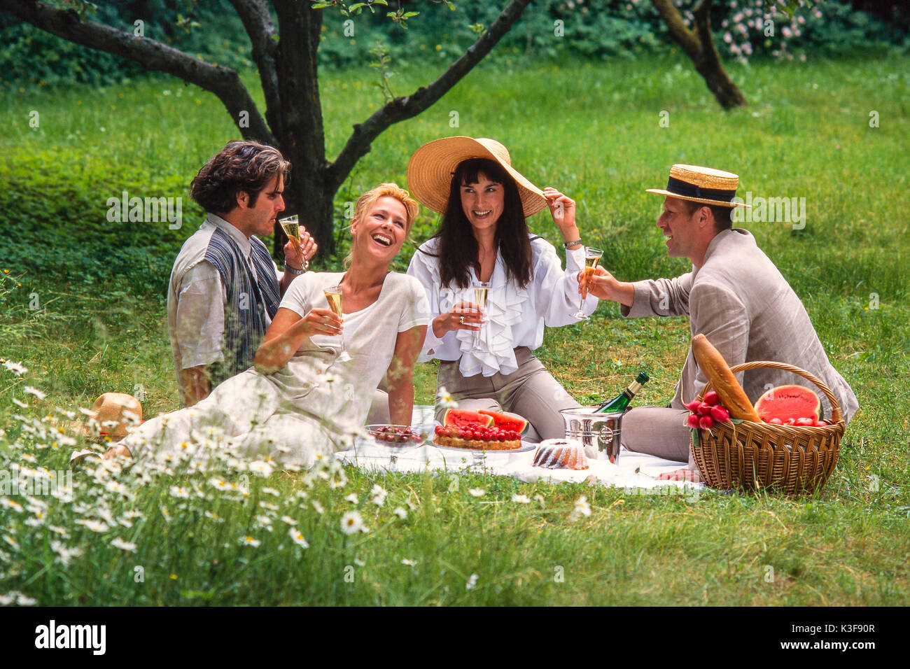 Due coppie al picnic con vino spumante Foto Stock