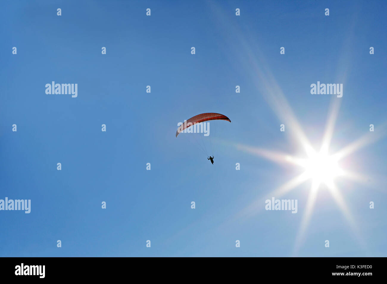 Parapendio di fronte blu cielo Foto Stock
