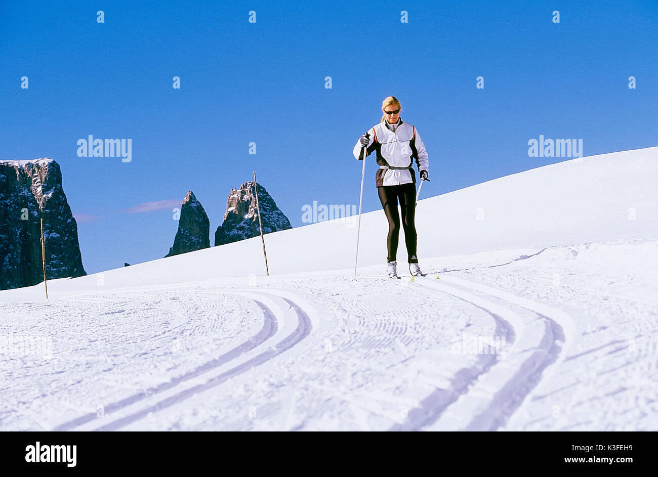 Cross-country sul Seiseralm, Sud Tirolo Foto Stock